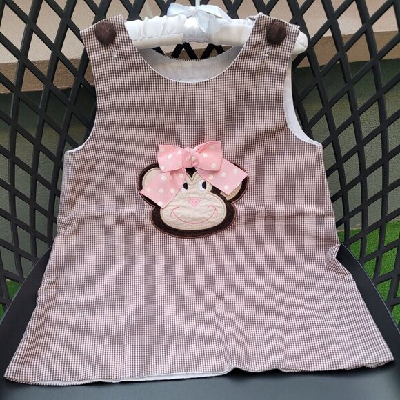 Castles & Crowns ✦ Monkey Applique Dress ✦ Brown Gingham Pink Bow Size 5T NWOT - Picture 10 of 14